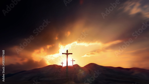 Fotografiet Passion Week cross on a hill symbolizing the sacrifice, suffering, death, resurr