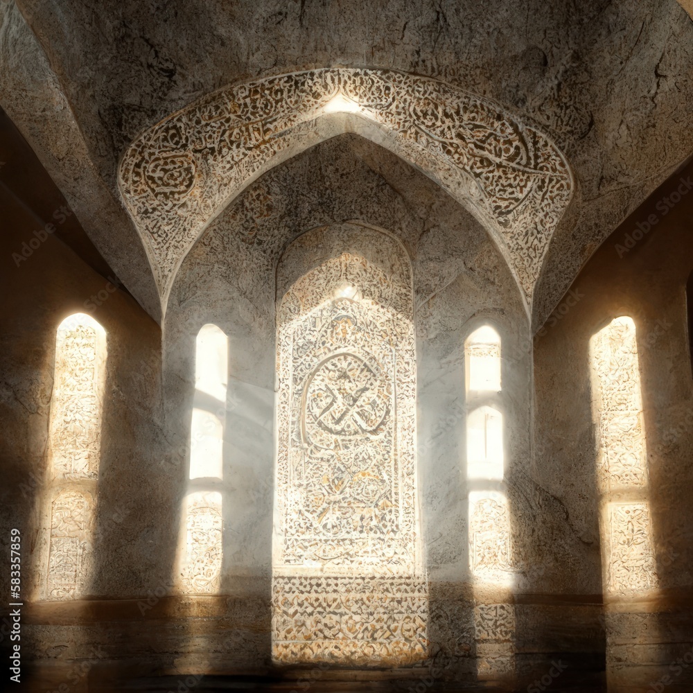 The image depicts intricate architectural stone decorations in an Islamic mausoleum. Generate Ai