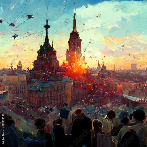 The image depicts a view of Moscow from a birds eye view as the sun sets, and a rocket flies in the sky. Generate Ai