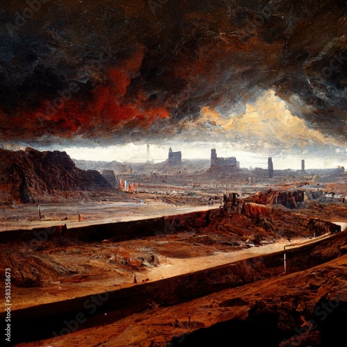 A vast and desolate desert landscape is filled with huge factories, signifying the end of the world. Generate Ai