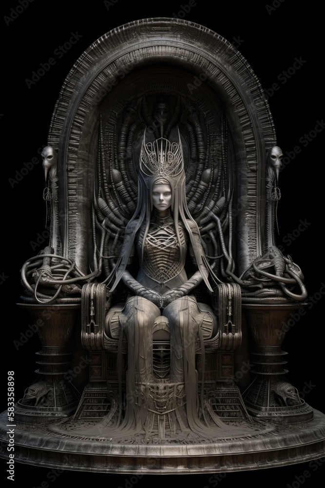 The dark Princess on her Throne. Dark fantasy art created using generative AI tools.