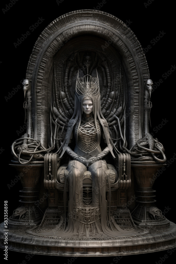 Fototapeta premium The dark Princess on her Throne. Dark fantasy art created using generative AI tools.