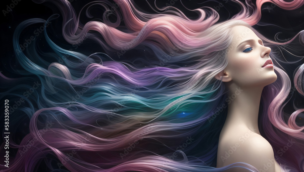 Beautiful Woman Portrait Long Flowing Pink Green Hair Ethereal Angelic Smokey Background Wallpaper Generative AI Illustration