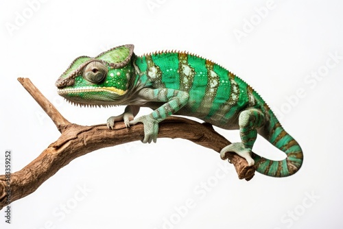 Macro closeup of isolated chameleon reptile sitting on branch, white studio lighting background, exotic lizard, nature wildlife, detailed skin texture - generative ai