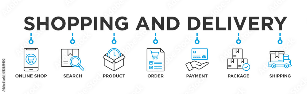 Shopping and delivery banner web icon vector illustration concept with icon of online shop, search, product, order, payment, shipping Shopping and delivery banner web icon vector illustration concept with icon of online shop, search, product, order, payment, shipping