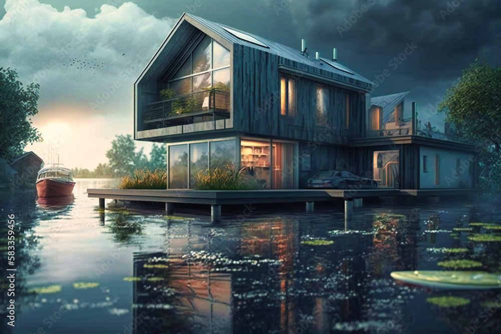 Waterfront homes with the ability to float during floods, ensuring safety and resilience