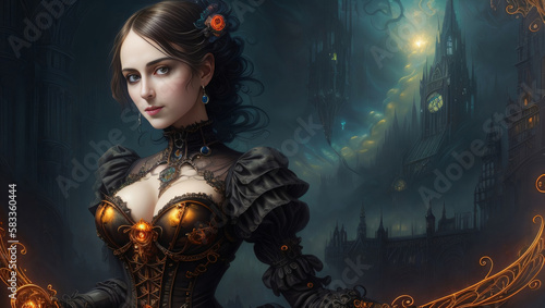 Steampunk Dark Fantasy Woman Matte Painting Illustrated Background Wallpaper Generative AI Illustration