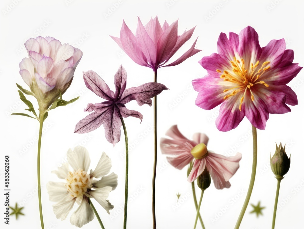 Set of different beautiful flowers isolated on white background. generative ai Set of different beautiful flowers isolated on white background. generative ai