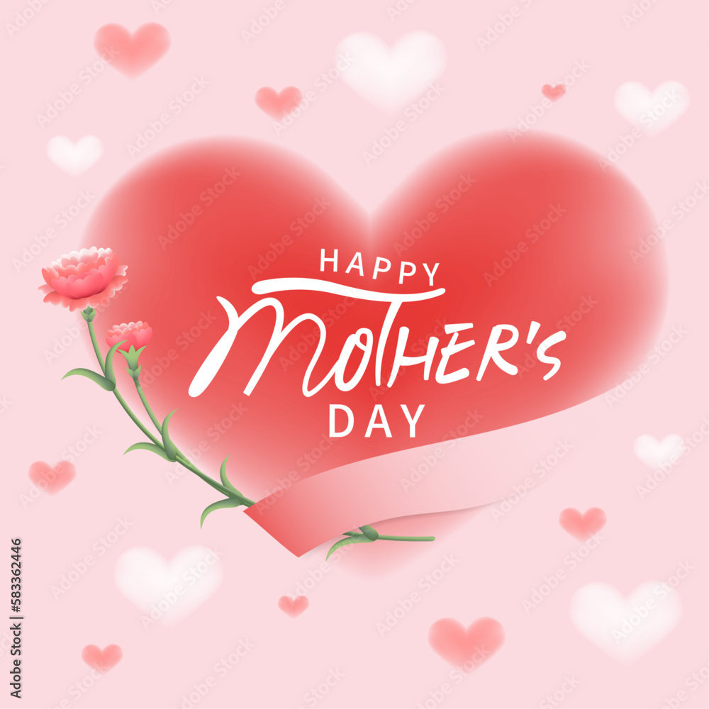 Pink vector happy mothers day card with carnations and hearts