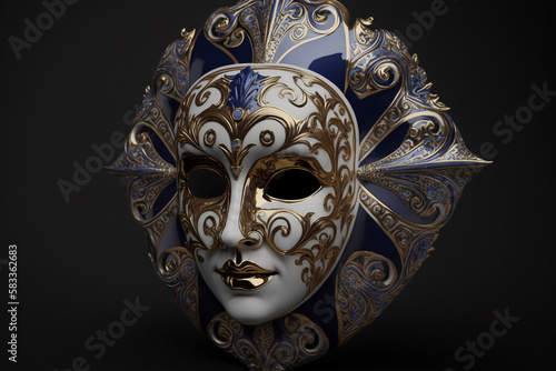 Amazing detailed Venetian mask design with gold golden metal. Festive Venice Italy traditional carnival mask. Ai generated © dragomirescu