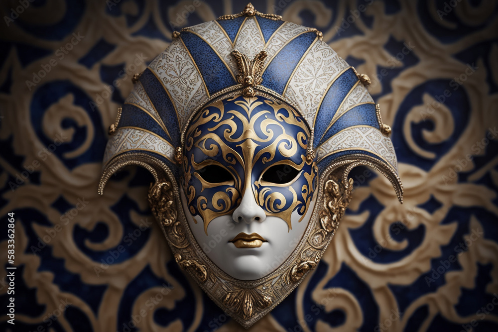 Amazing detailed Venetian mask design with gold golden metal. Festive Venice Italy traditional carnival mask. Ai generated