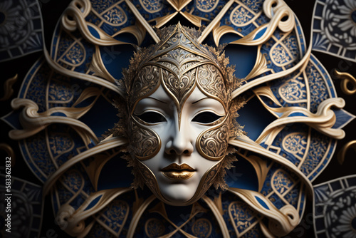 Amazing detailed Venetian mask design with gold golden metal. Festive Venice Italy traditional carnival mask. Ai generated