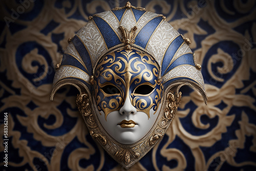 Amazing detailed Venetian mask design with gold golden metal. Festive Venice Italy traditional carnival mask. Ai generated
