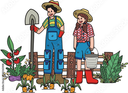 gardener planting vegetables illustration in doodle style