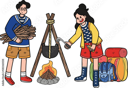 Tourists making fires for camping illustration in doodle style