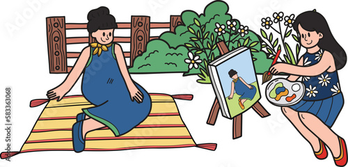 Young woman sitting and drawing in the park illustration in doodle style