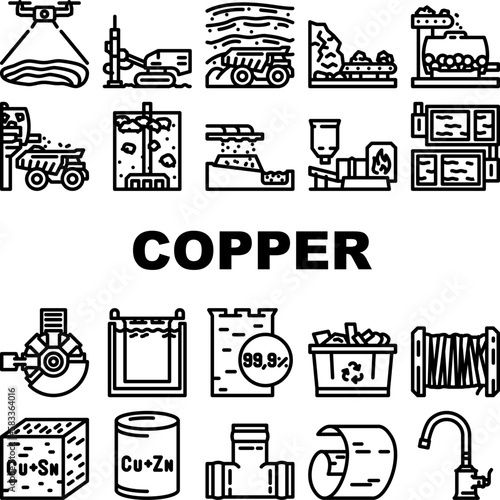 copper production industry metal icons set vector