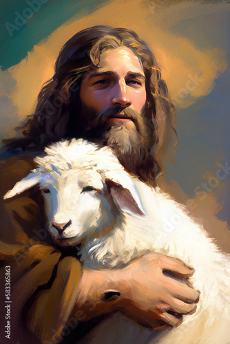 Jesus Christ, Son of God, holding a lamb in his hands, symbol of Christianity, art painting, Happy easter. Christian symbol of faith, generative ai