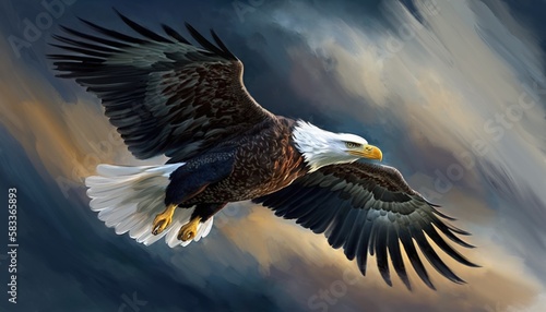 eagle, a large bird of prey, flies against the sky, art illustration painted, generative ai