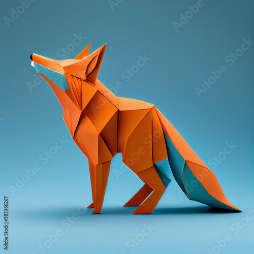 Origami fox on blue background