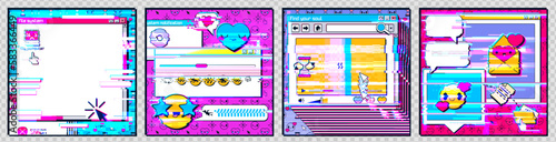 Social media posts with retro computer interface with glitch effect. Abstract posters templates with desktop PC screen design in retrowave style in neon colors, vector illustration