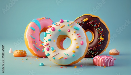 Donuts 3D style. Donuts composition, vibrant colors and shapes. Abstract isolated background scene.