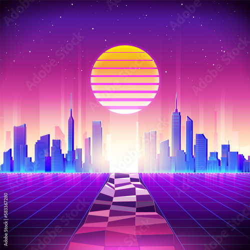 80s Retro Sci-Fi Background with Night City Skyline. Vector futuristic synth retro wave illustration in 1980s posters style. Suitable for any print design in 80s style