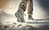 Hiking on snow, Pair of hiking boots on winter landscape. Generative AI	