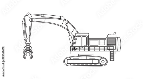 Hand drawn Vector illustration color children construction grapple excavator construction machine clipart