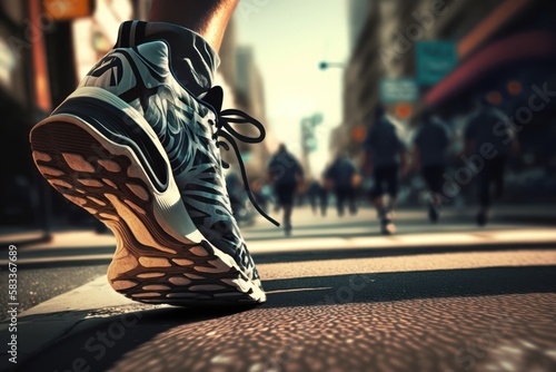 Male leg with sport shoes running on the city street, close up. Generative AI © Rawf8
