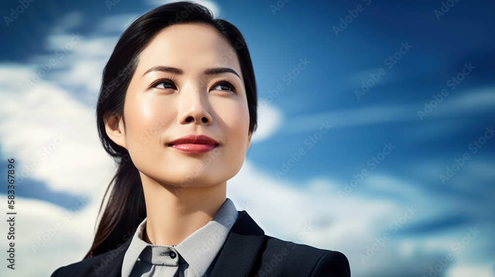 portrait of young asian businesswoman over blue sky and clouds background, Generative AI portrait of young asian businesswoman over blue sky and clouds background, Generative AI