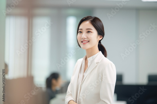 business woman smiling and looking at the camera in office. Generative AI