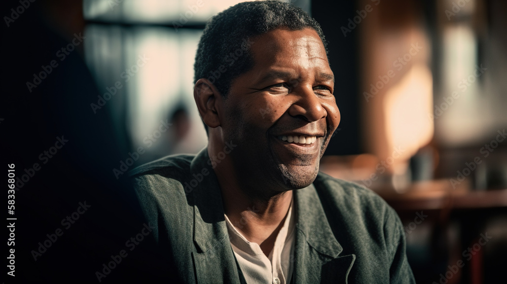 Portrait of smiling mature man sitting in cafe and looking at camera, Generative AI Portrait of smiling mature man sitting in cafe and looking at camera, Generative AI