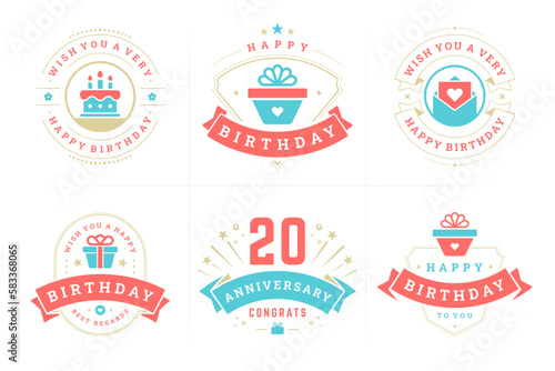 Happy birthday anniversary vintage emblem and badge set for greeting card design vector flat