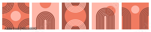 Trendy abstract set aesthetic backgrounds with sun and rainbow. Mid century wall decor in style 60s, 70s. Retro vector design for social media, blog post, template, interior design