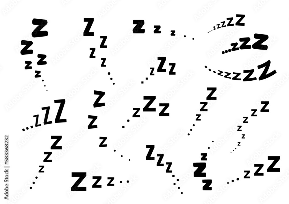 Zzz sleep snore text vector icon set. Night sleepy noise sound collection illustration. Black signs isolated on white background. Zzz sleep snore text vector icon set. Night sleepy noise sound collection illustration. Black signs isolated on white background.