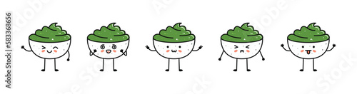 Set of kawaii wasabi bowl sushi mascots in cartoon style.