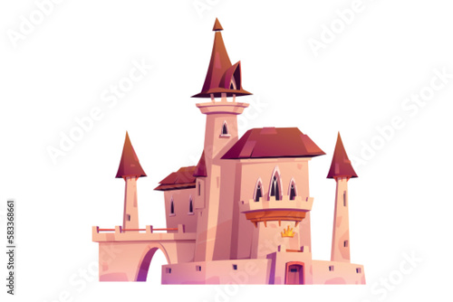Magic princess palace, medieval royal castle with gold crown. Fantasy fairytale fortress with stone walls, wooden gates, arch and towers isolated on white background, vector cartoon illustration