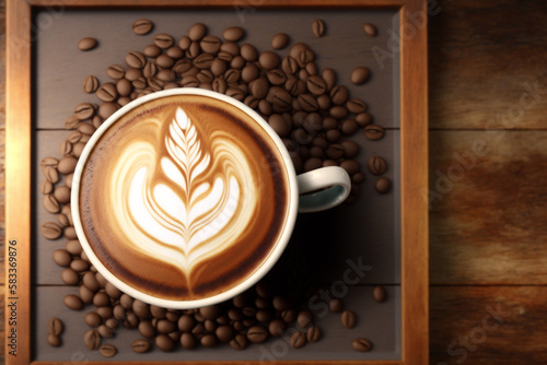 Coffee latte art and mocha on old wooden background square frame image  Generative AI 