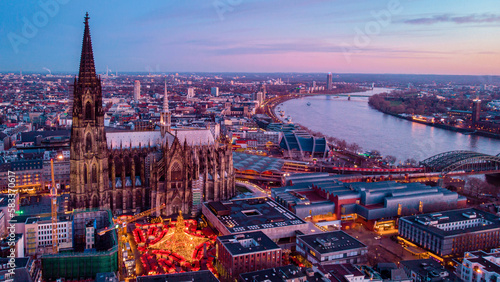 Cologne Germany Christmas market, aerial drone view over Cologne rhine river Germany Europe