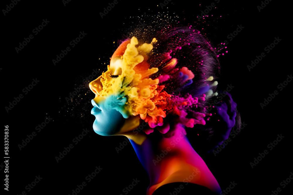 Female portrait in abstract multi color paint explosion on black ...
