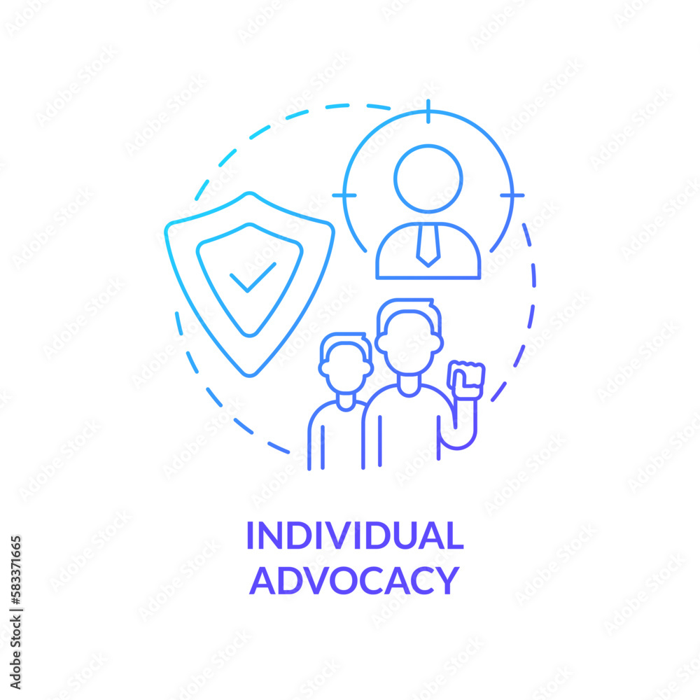 Individual advocacy blue gradient concept icon. Service for client. Type of legal protection abstract idea thin line illustration. Isolated outline drawing. Myriad Pro-Bold font used Individual advocacy blue gradient concept icon. Service for client. Type of legal protection abstract idea thin line illustration. Isolated outline drawing. Myriad Pro-Bold font used