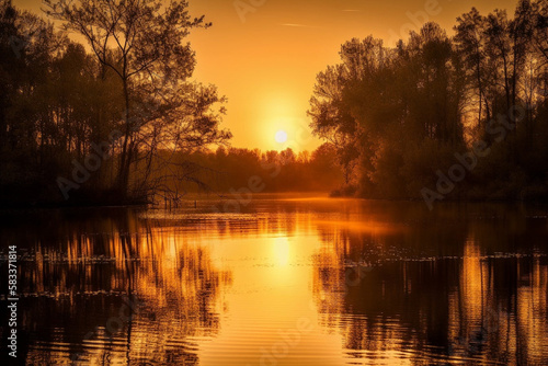 A golden sunset reflects on a tranquil lake, silhouetting trees and casting warm hues on the water's surface