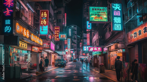 A vibrant cityscape at night, with glowing neon signs and bustling streets filled with pedestrians 