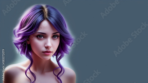 Portrait of a beautiful nude (cleavage area) girl with creative hair coloring in purple.