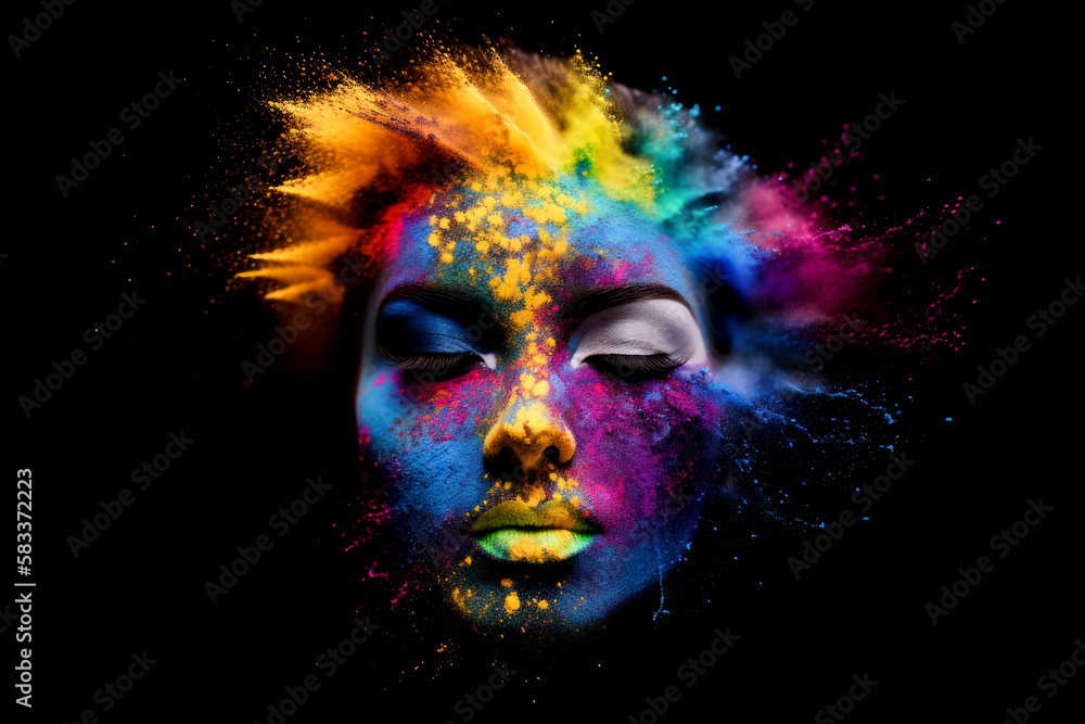 Female portrait in abstract multi color paint explosion on black ...