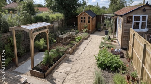 A view looking down a back garden of a home with paving slaps and gravel, pea shingle, wooden railway sleeper flower bed, vegetable patch, potted plants, timber fence, grey summerhouse, generative ai