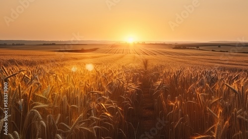 Background ripe golden wheat field with sunset  wide view. Concept agricultural industry  generative ai