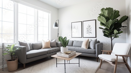 Bright and clean living room with tall plants and gray couch, generative ai