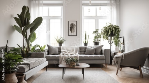 Bright and clean living room with tall plants and gray couch, generative ai